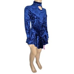 Gilda Marx Crushed Velvet High Neck Keyhole LS Skirt Leotard Dress Kids 4/6 Blue
